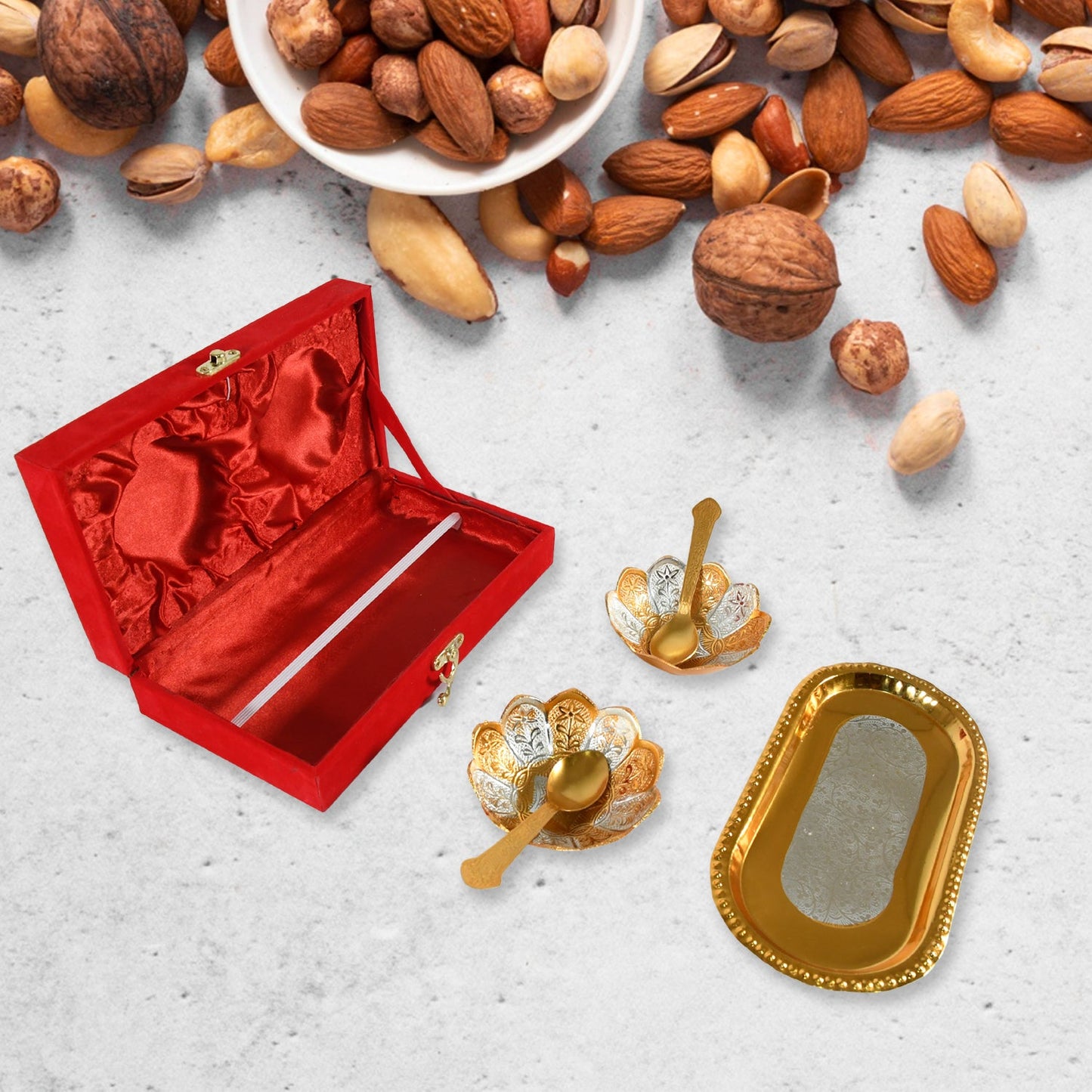 5-in-1 Gold & Silver Plated Bowl Spoon Tray Set with Velvet Gift Box