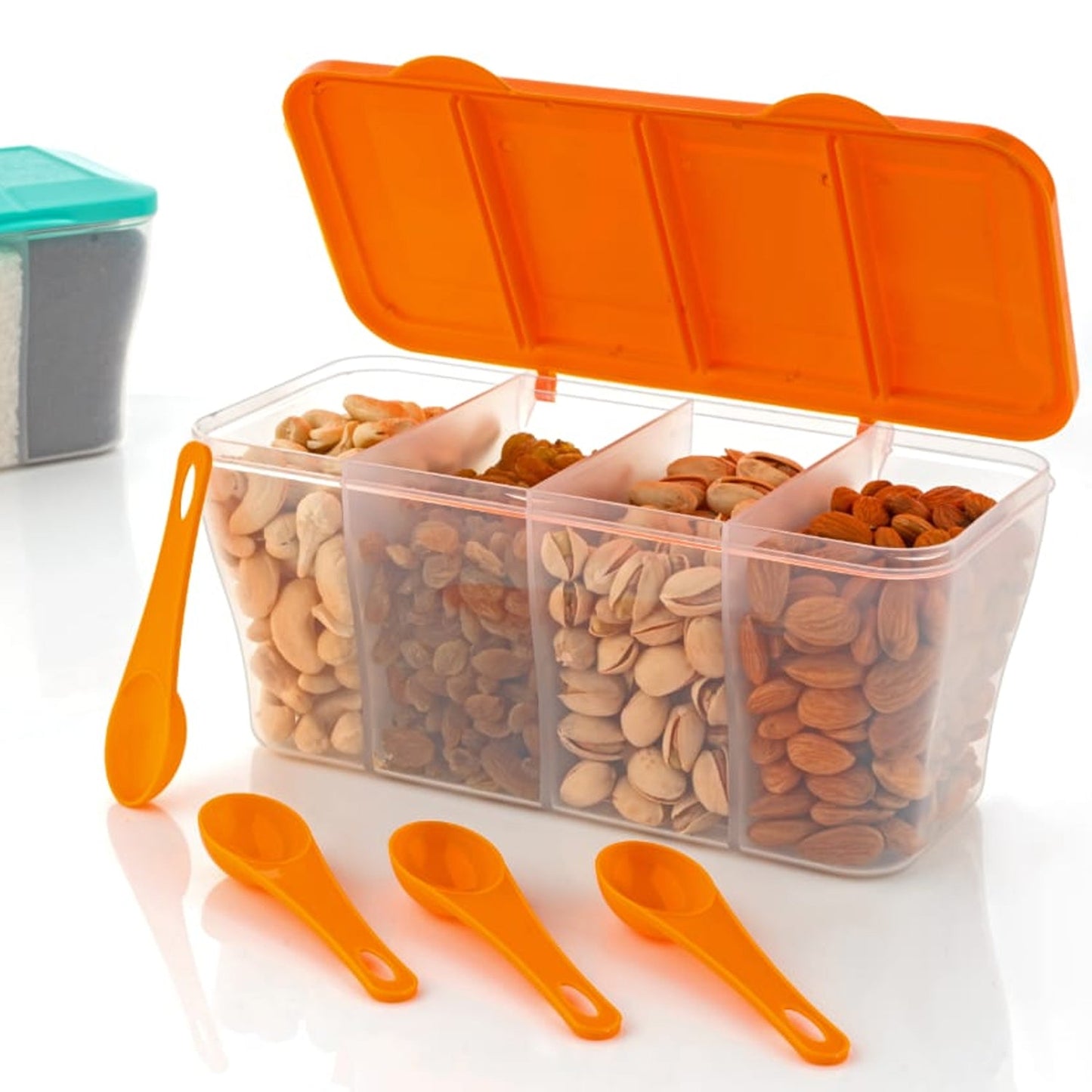 Kitchen Airtight 4-Section Storage Container / Pickle Jar 4 Spoons (1 Pc / Mix Color)